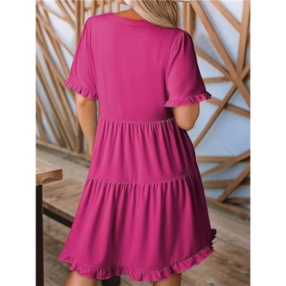 Tiered Notched Short Sleeve Mini Dress - Picture 9 of 16